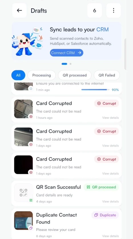 Each capture shows its status.