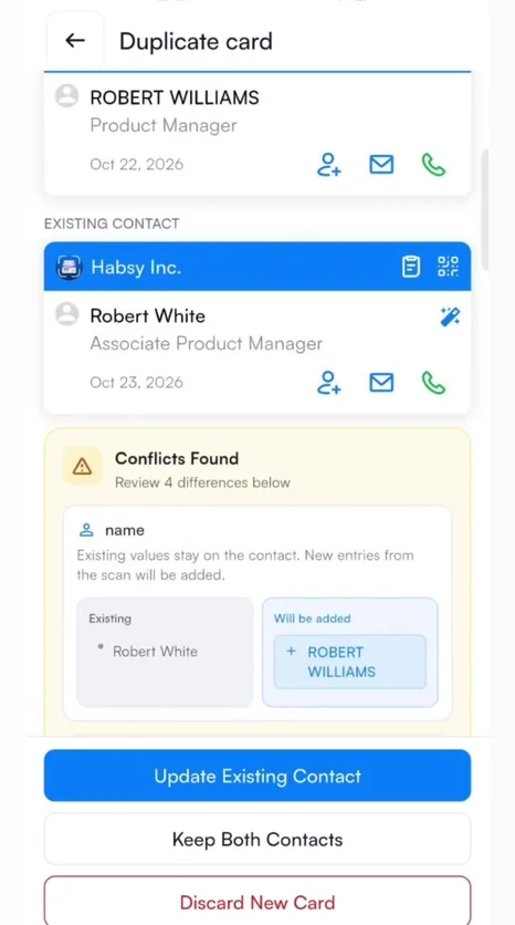 The new scan, the existing contact and the differences.