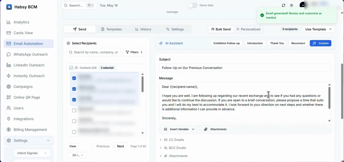 Writing an email to three contacts