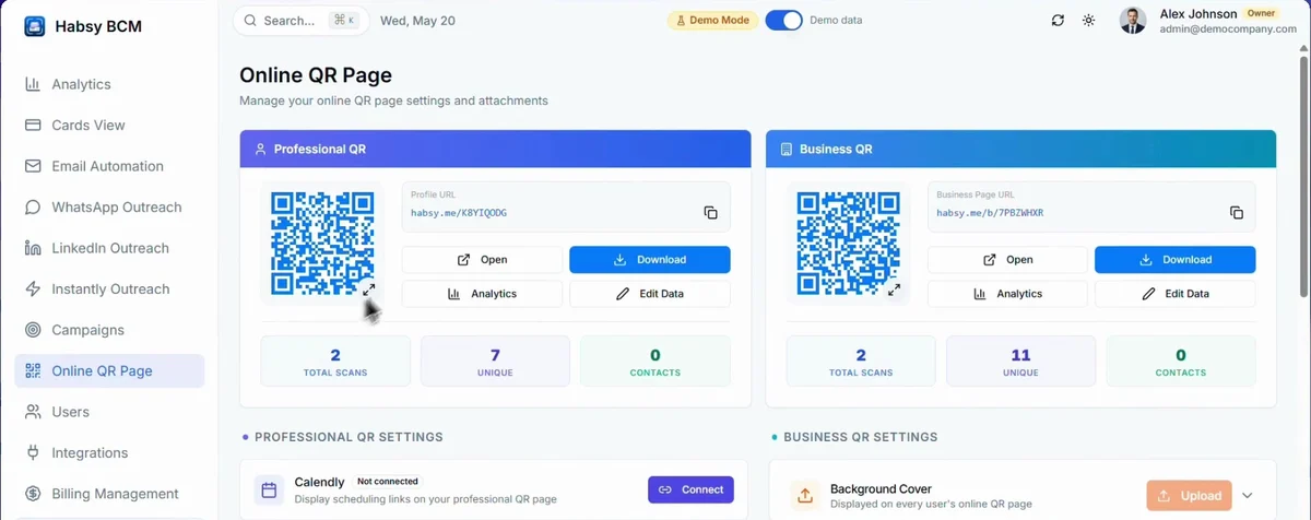 Online QR Page, with sample data