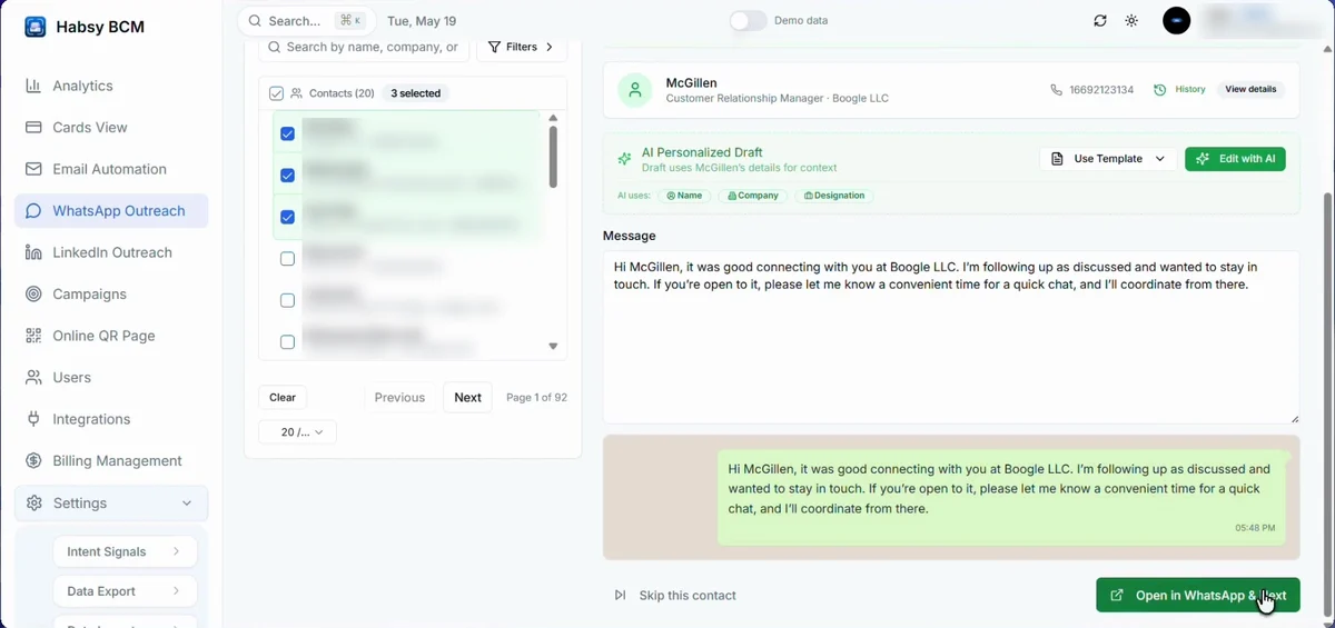 A WhatsApp draft for one contact, with the contact list blurred