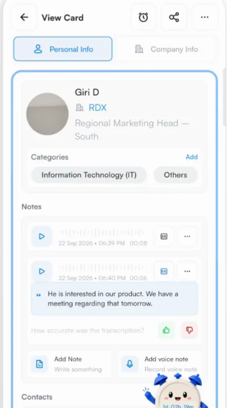 The note and transcript on the contact.